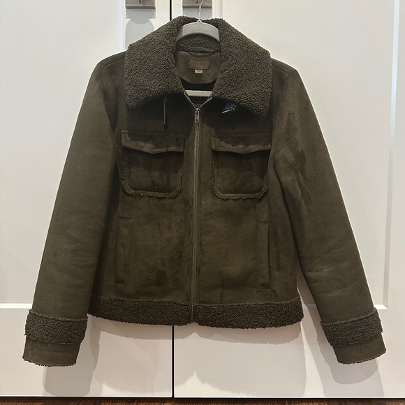 MOTHER The Four Corners Faux Suede Jacket Olive Green - Picture 2 of 9